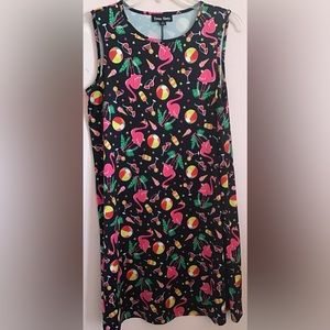 Dress works pink black flamingo drinks ice cream print dress size small